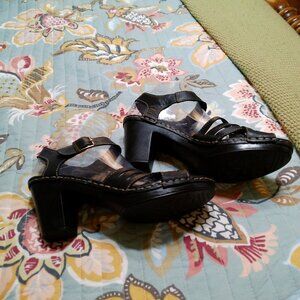 Black Leather Platform Heel Sandals - Women